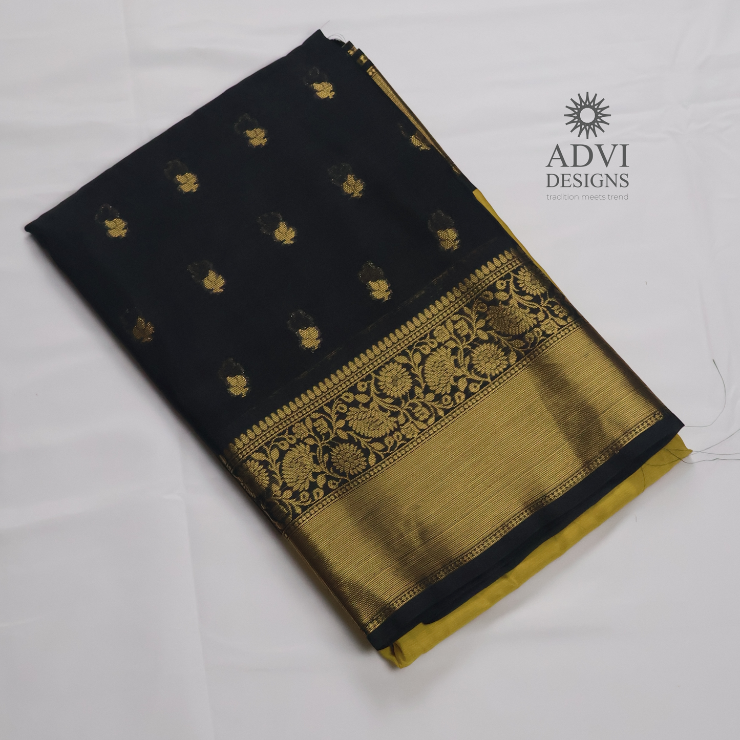 Mustard Yellow & Black Semi Banarasi Half & Half Saree with Rich Gold Zari Border