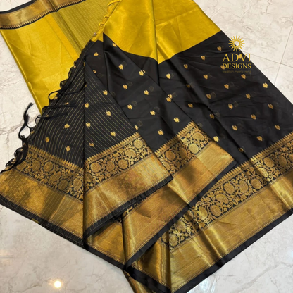 Mustard Yellow & Black Semi Banarasi Half & Half Saree with Rich Gold Zari Border