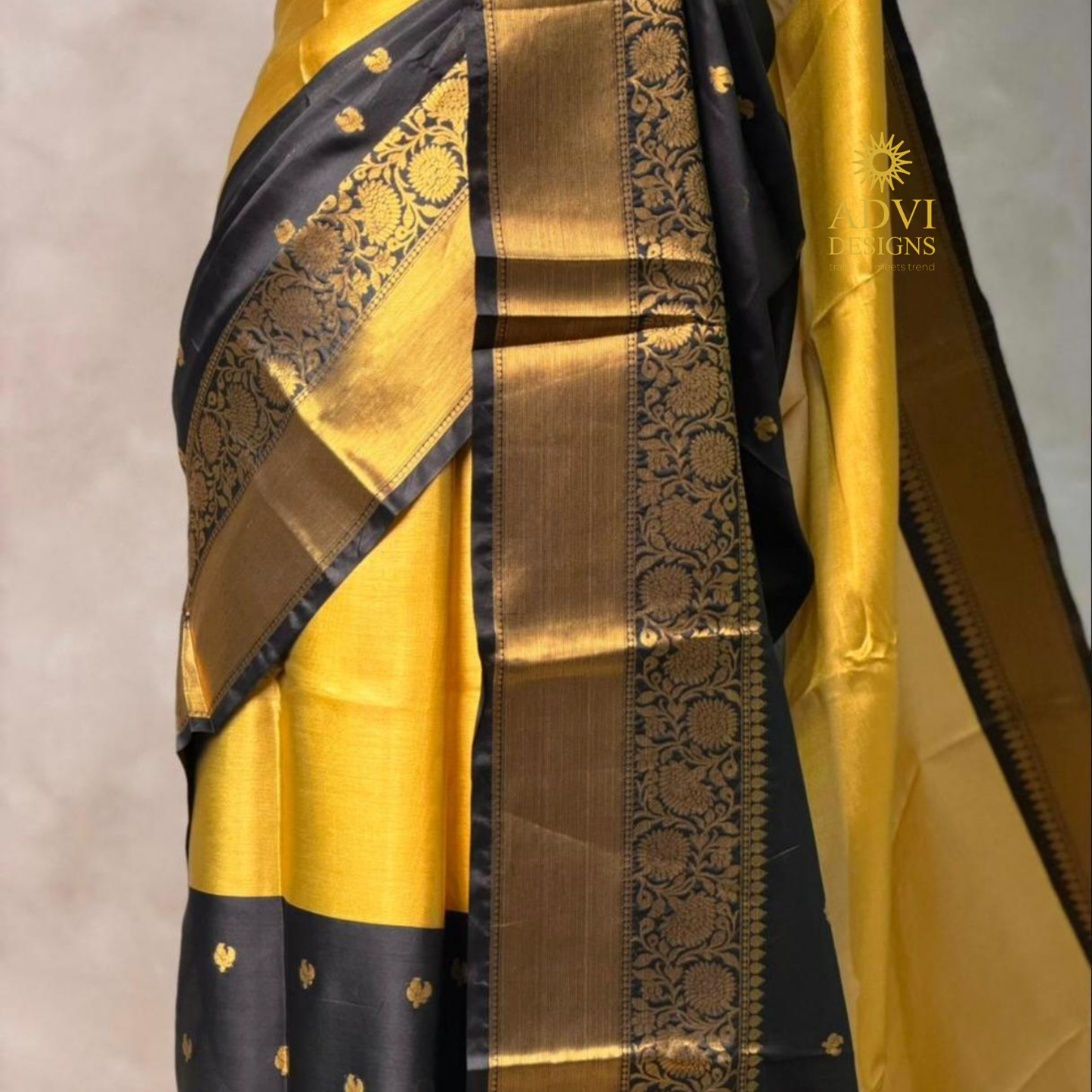 Mustard Yellow & Black Semi Banarasi Half & Half Saree with Rich Gold Zari Border