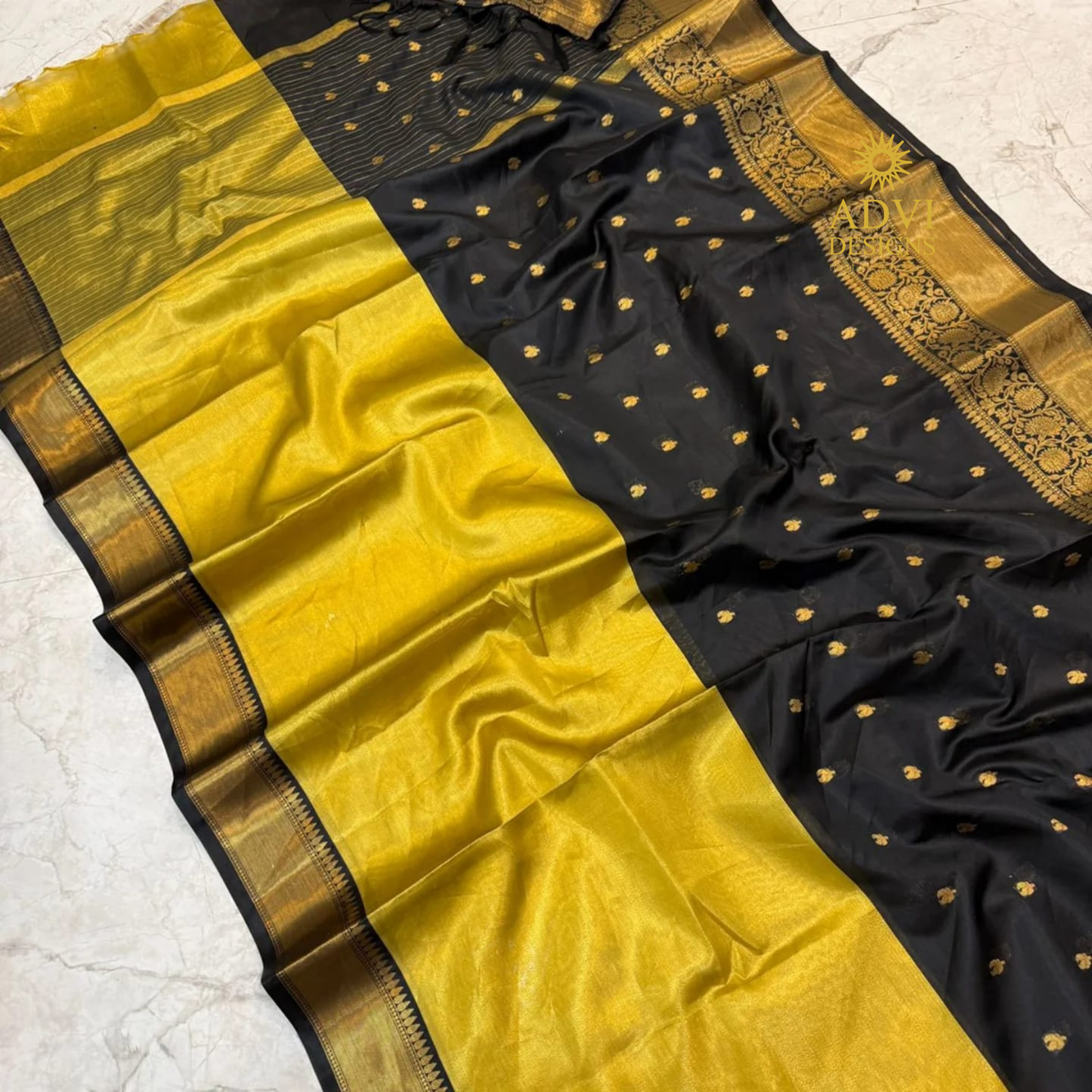 Mustard Yellow & Black Semi Banarasi Half & Half Saree with Rich Gold Zari Border