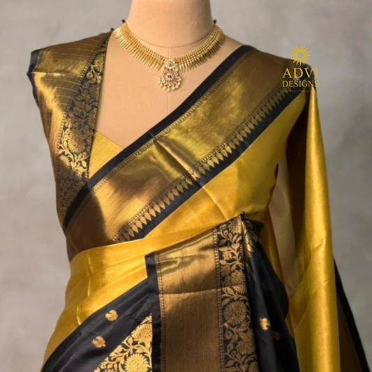 Mustard Yellow & Black Semi Banarasi Half & Half Saree with Rich Gold Zari Border