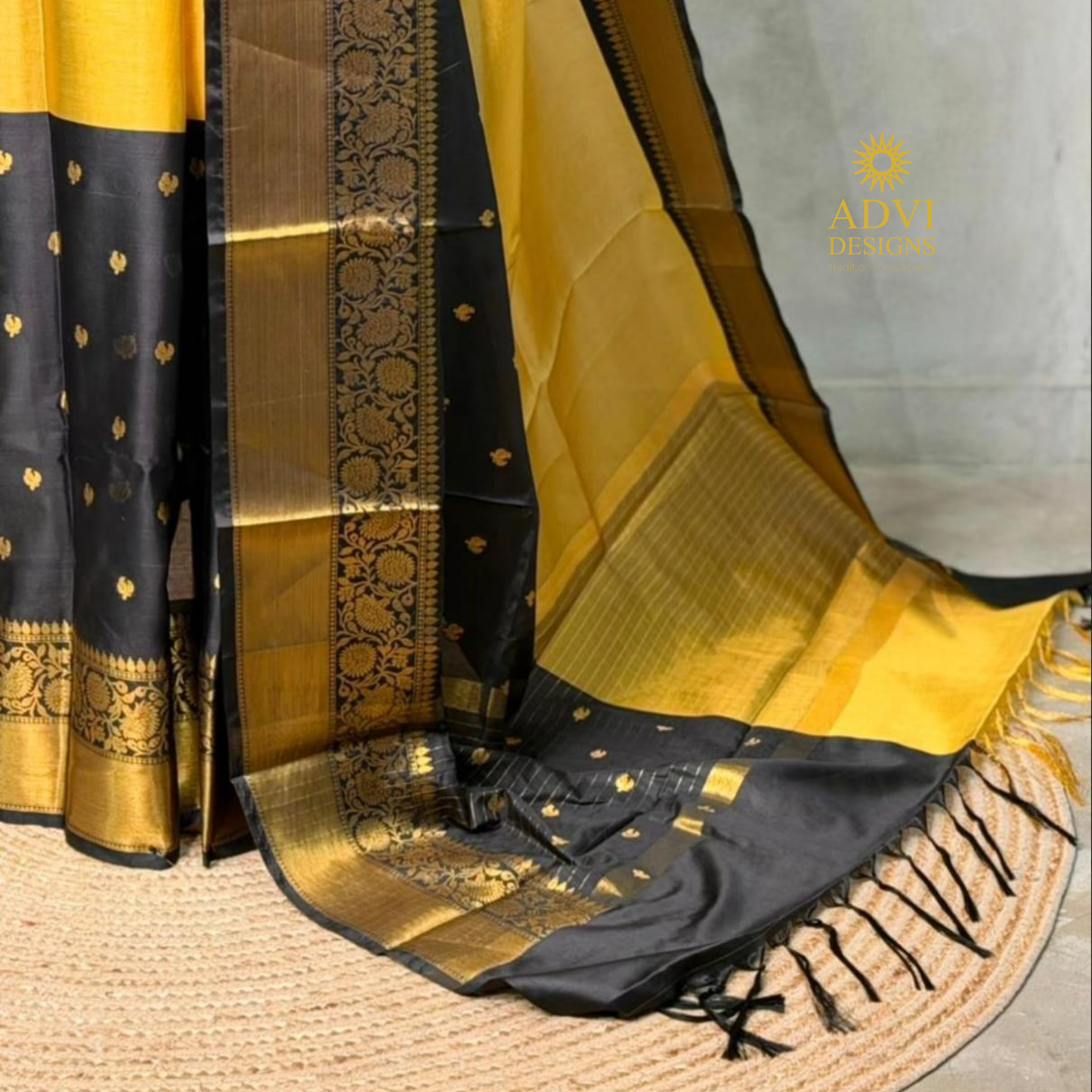 Mustard Yellow & Black Semi Banarasi Half & Half Saree with Rich Gold Zari Border