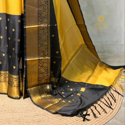 Mustard Yellow & Black Semi Banarasi Half & Half Saree with Rich Gold Zari Border