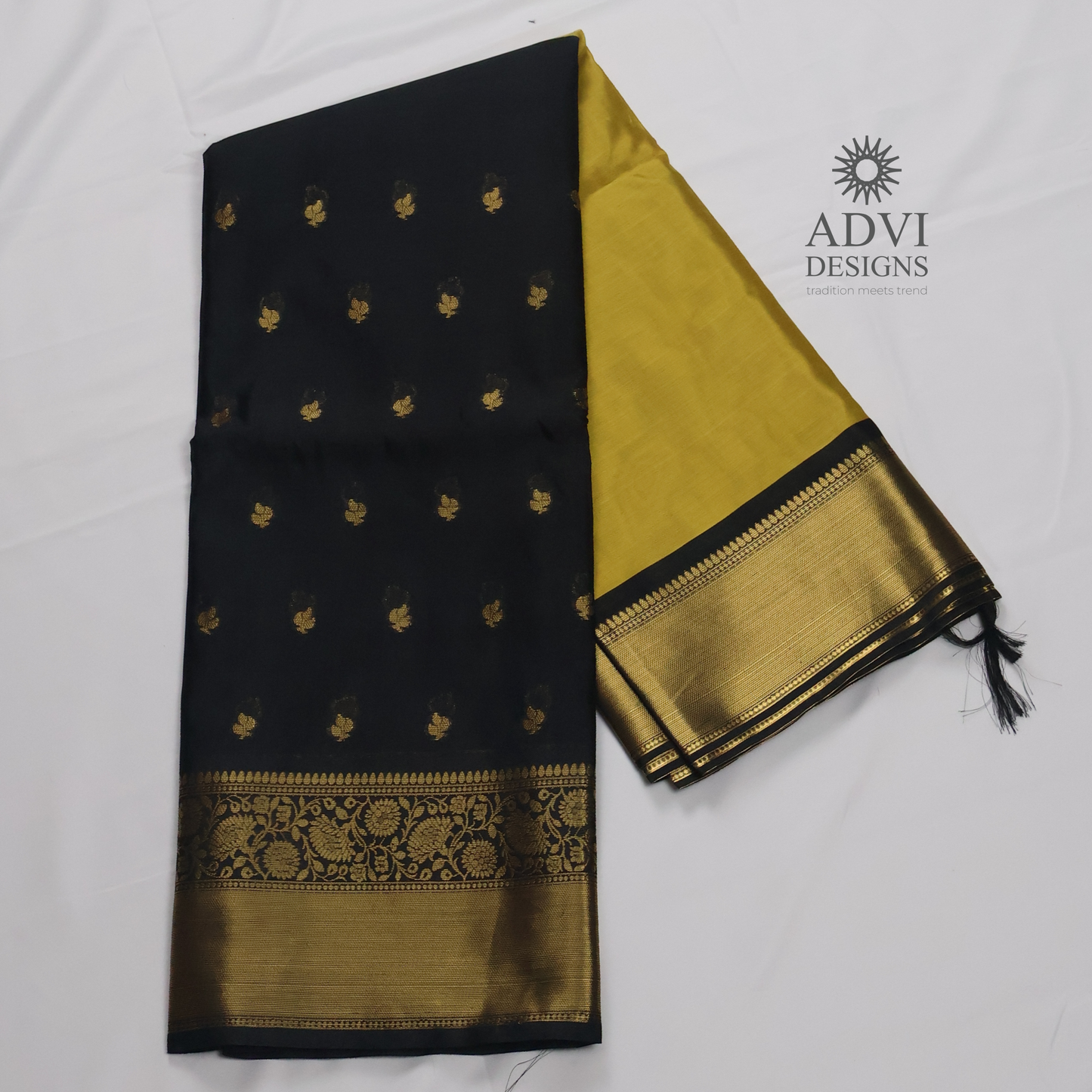 Mustard Yellow & Black Semi Banarasi Half & Half Saree with Rich Gold Zari Border
