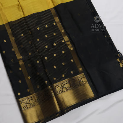 Mustard Yellow & Black Semi Banarasi Half & Half Saree with Rich Gold Zari Border