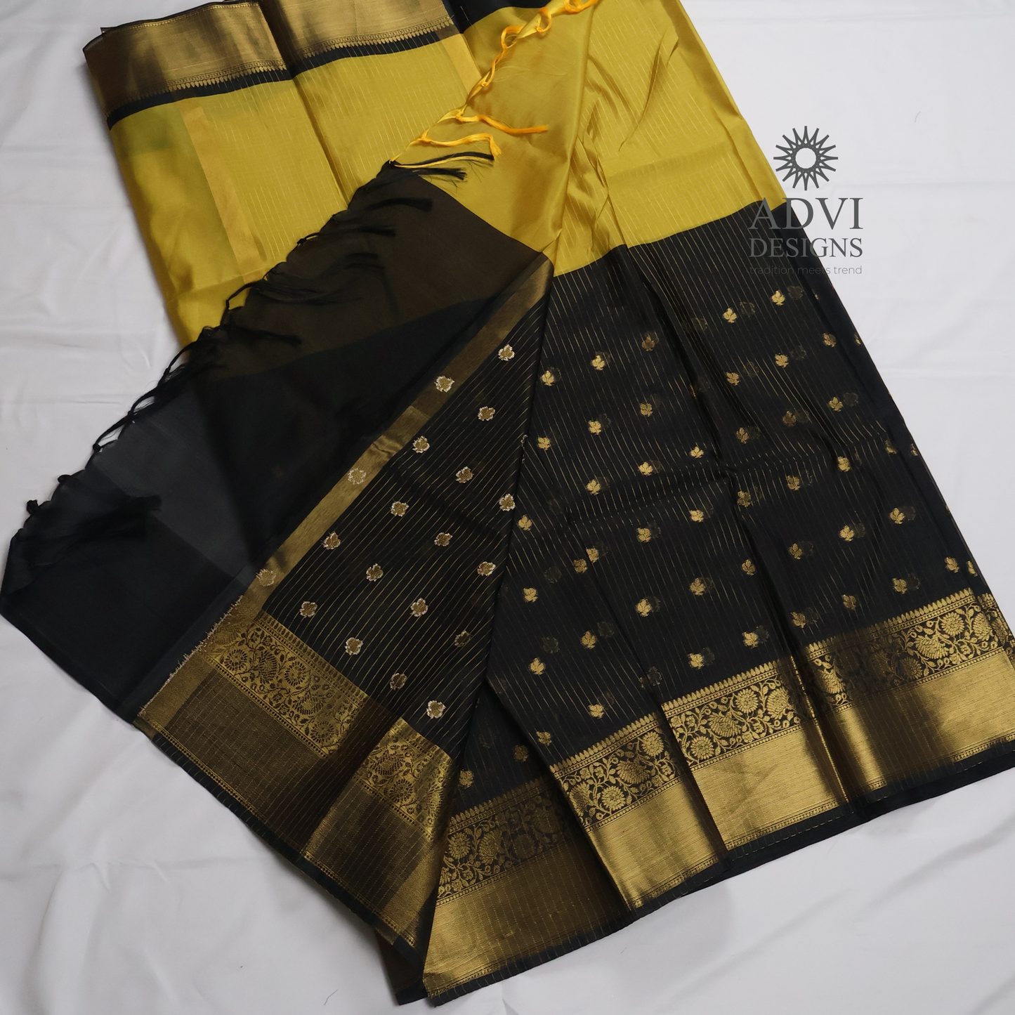 Mustard Yellow & Black Semi Banarasi Half & Half Saree with Rich Gold Zari Border