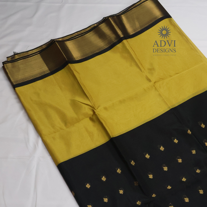Mustard Yellow & Black Semi Banarasi Half & Half Saree with Rich Gold Zari Border