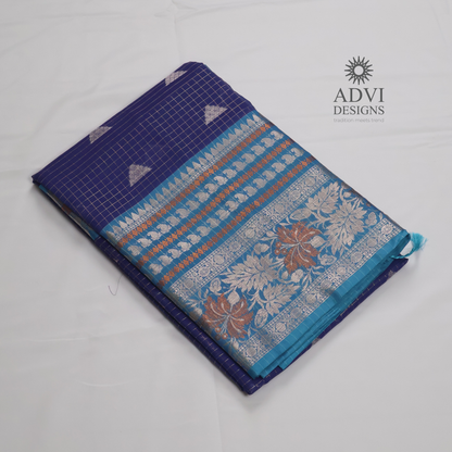 Royal Blue Semi Banarasi Katan Silk Saree with Turquoise Meenakari Border