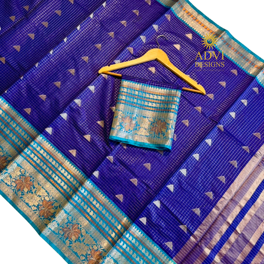 Royal Blue Semi Banarasi Katan Silk Saree with Turquoise Meenakari Border