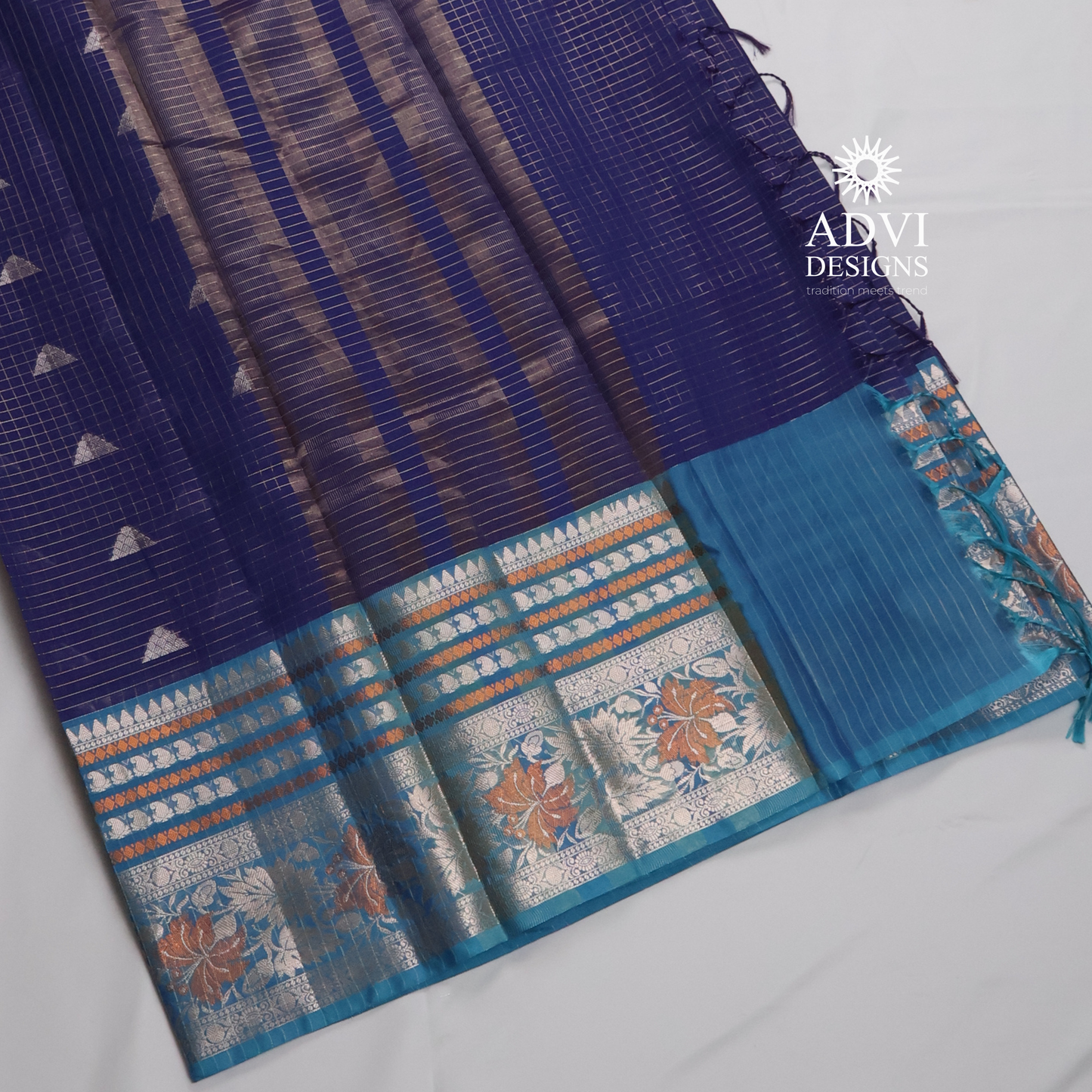 Royal Blue Semi Banarasi Katan Silk Saree with Turquoise Meenakari Border