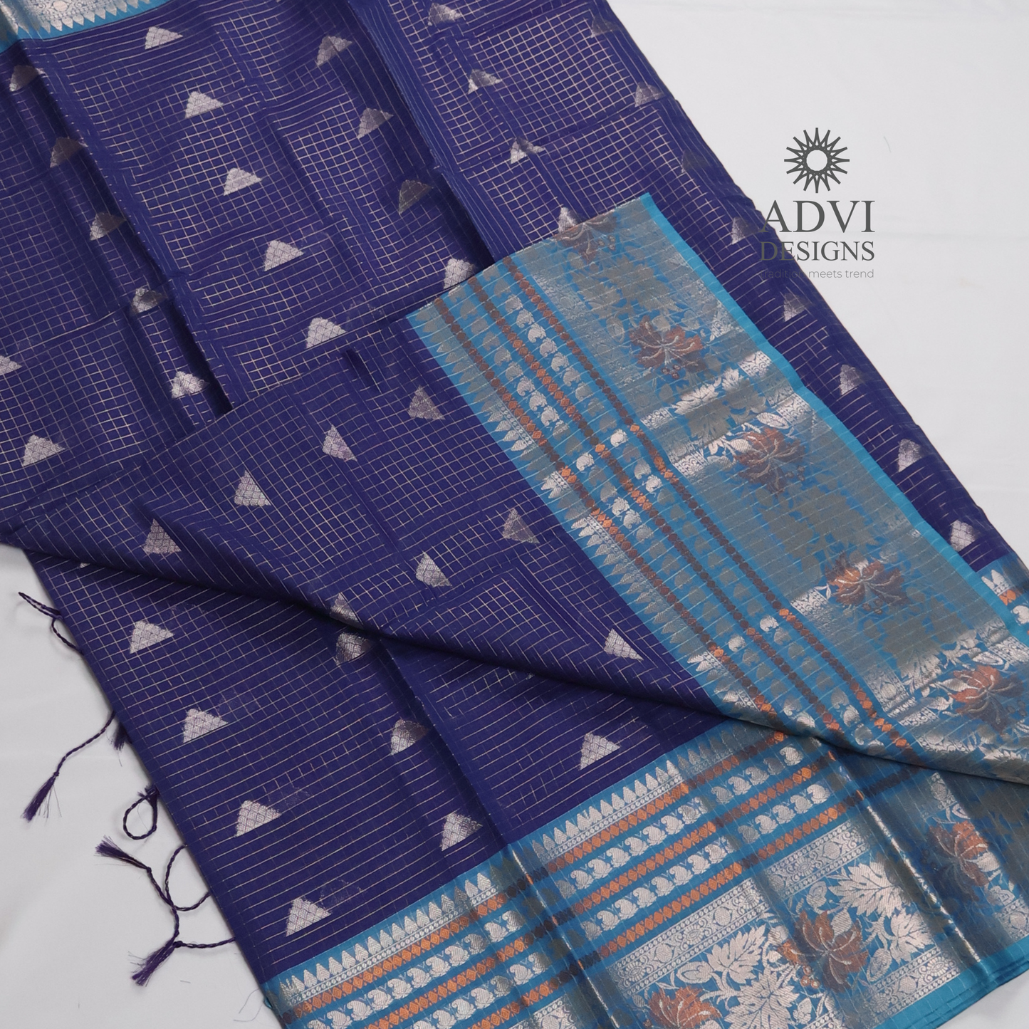 Royal Blue Semi Banarasi Katan Silk Saree with Turquoise Meenakari Border