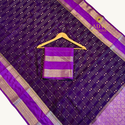 Deep Purple Semi Chiniya Silk Saree with Contrast Magenta Zari Border