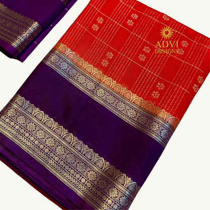Sindoor Red Semi Chiniya Silk Saree with Royal Purple Zari Border