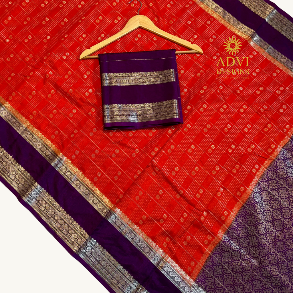 Sindoor Red Semi Chiniya Silk Saree with Royal Purple Zari Border