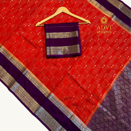 Sindoor Red Semi Chiniya Silk Saree with Royal Purple Zari Border