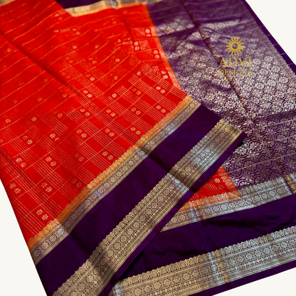 Sindoor Red Semi Chiniya Silk Saree with Royal Purple Zari Border