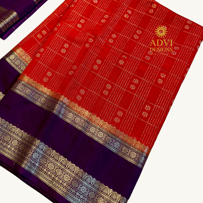 Sindoor Red Semi Chiniya Silk Saree with Royal Purple Zari Border