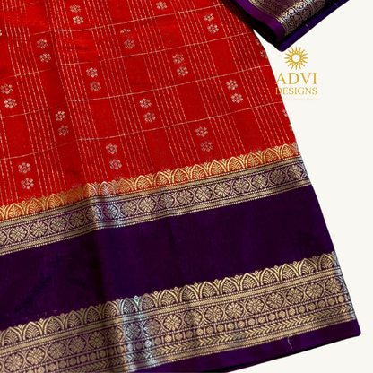Sindoor Red Semi Chiniya Silk Saree with Royal Purple Zari Border