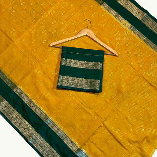 Mustard Yellow Semi Chiniya Silk Saree with Emerald Green Zari Border