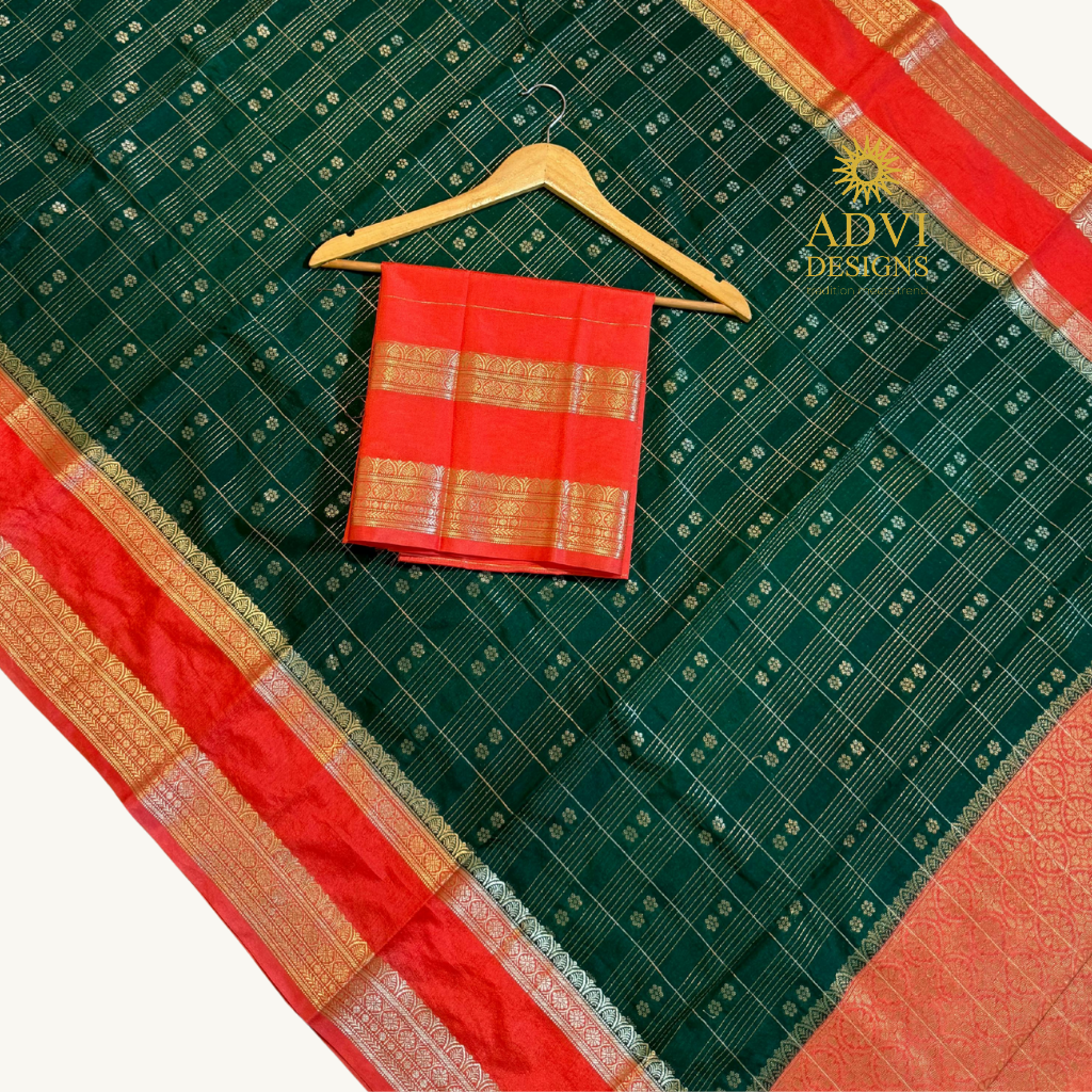 Emerald Green Semi Chiniya Silk Saree with Coral Red Zari Border