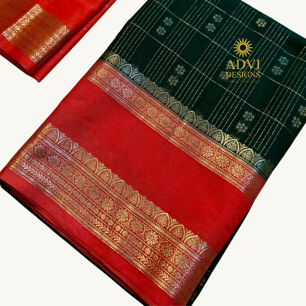 Emerald Green Semi Chiniya Silk Saree with Coral Red Zari Border