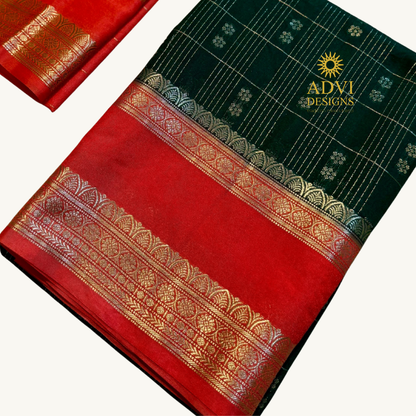 Emerald Green Semi Chiniya Silk Saree with Coral Red Zari Border