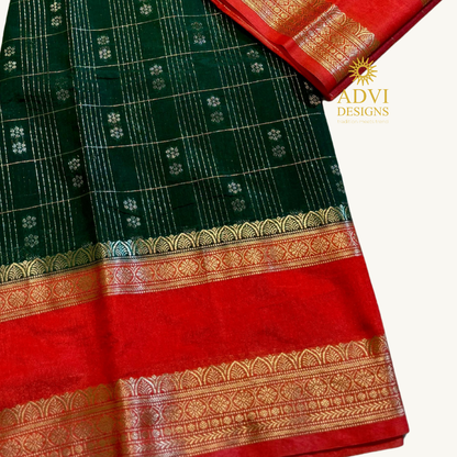 Emerald Green Semi Chiniya Silk Saree with Coral Red Zari Border
