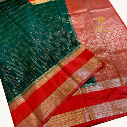 Emerald Green Semi Chiniya Silk Saree with Coral Red Zari Border