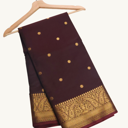 Coffee Brown Banarasi Semi Katan Silk Saree with Rich Gold Zari Border
