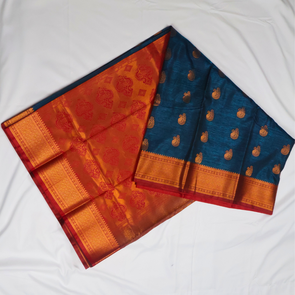 Peacock Blue & Red Soft Silk Saree with Antique Gold Butta and Zari Border