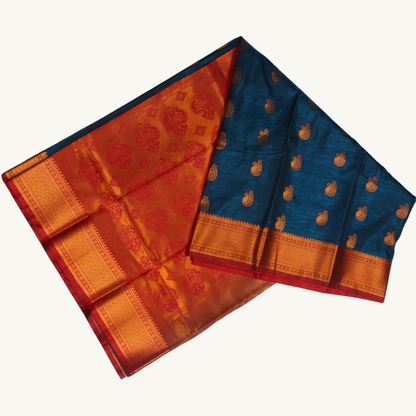 Peacock Blue & Red Soft Silk Saree with Antique Gold Butta and Zari Border