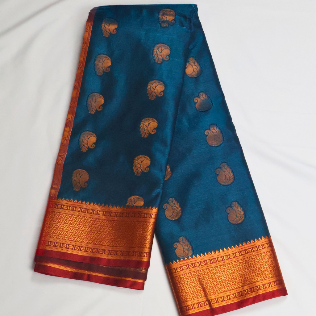 Peacock Blue & Red Soft Silk Saree with Antique Gold Butta and Zari Border