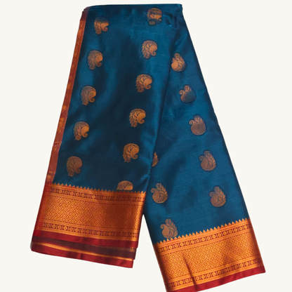 Peacock Blue & Red Soft Silk Saree with Antique Gold Butta and Zari Border