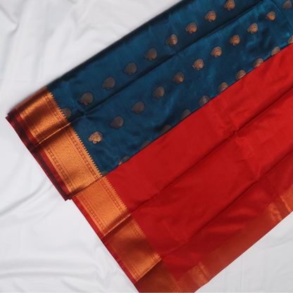 Peacock Blue & Red Soft Silk Saree with Antique Gold Butta and Zari Border