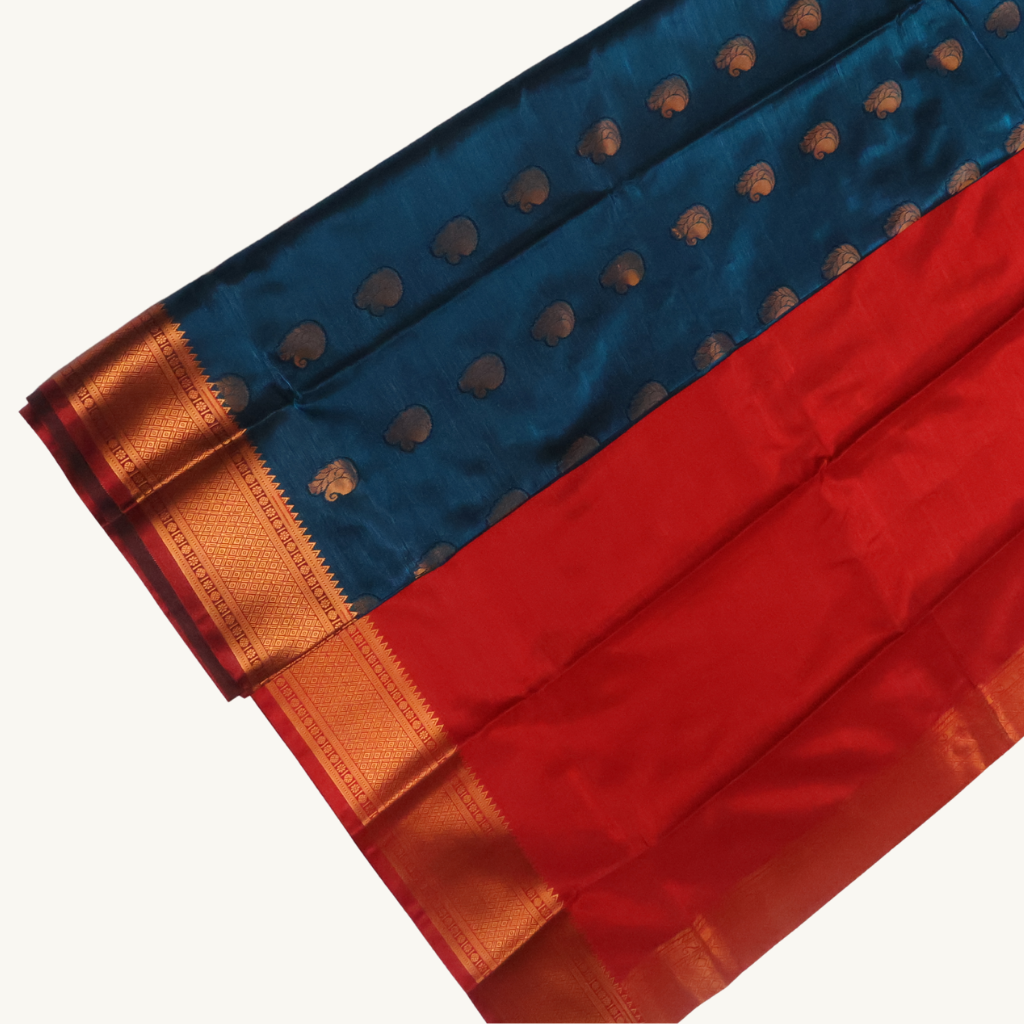 Peacock Blue & Red Soft Silk Saree with Antique Gold Butta and Zari Border