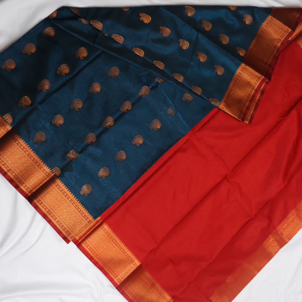 Peacock Blue & Red Soft Silk Saree with Antique Gold Butta and Zari Border
