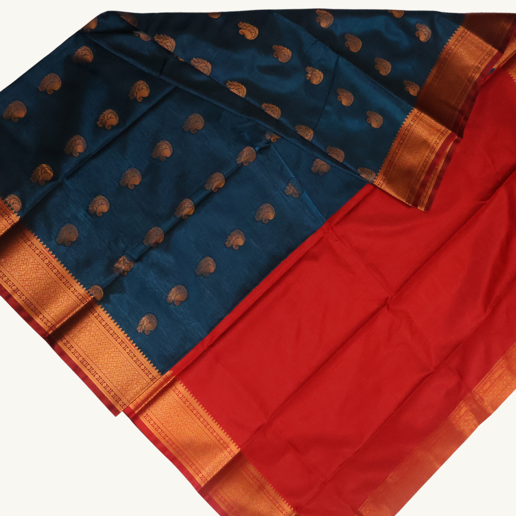 Peacock Blue & Red Soft Silk Saree with Antique Gold Butta and Zari Border