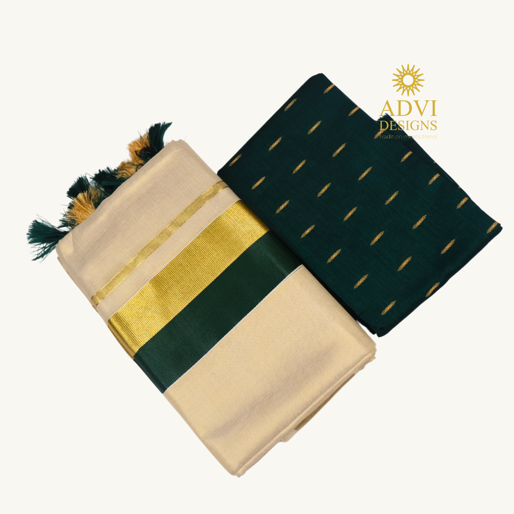 Premium Kerala Tissue Set Mundu with Bottle Green Kasavu Border & Dual-Tone Tassels
