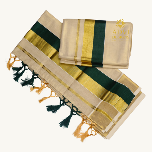 Premium Kerala Tissue Set Mundu with Bottle Green Kasavu Border & Dual-Tone Tassels