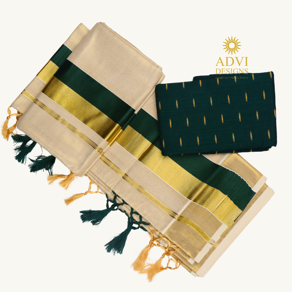 Premium Kerala Tissue Set Mundu with Bottle Green Kasavu Border & Dual-Tone Tassels
