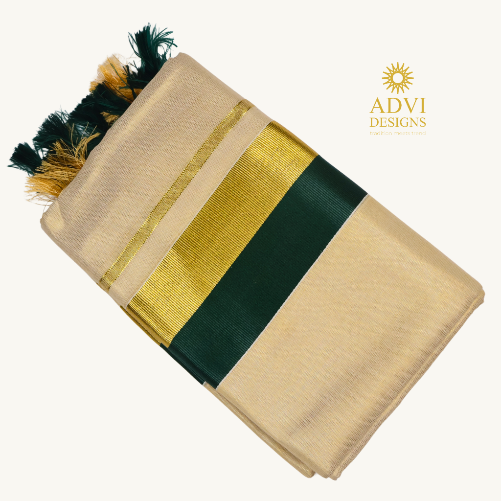 Premium Kerala Tissue Set Mundu with Bottle Green Kasavu Border & Dual-Tone Tassels