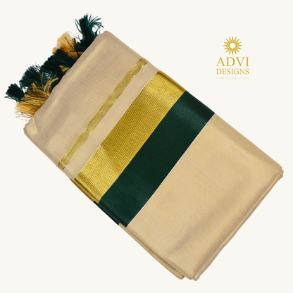 Premium Kerala Tissue Set Mundu with Bottle Green Kasavu Border & Dual-Tone Tassels