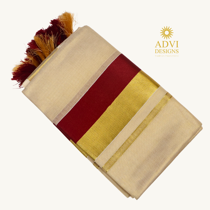 Premium Kerala Tissue Set Mundu with Maroon Kasavu Border & Dual-Tone Tassels