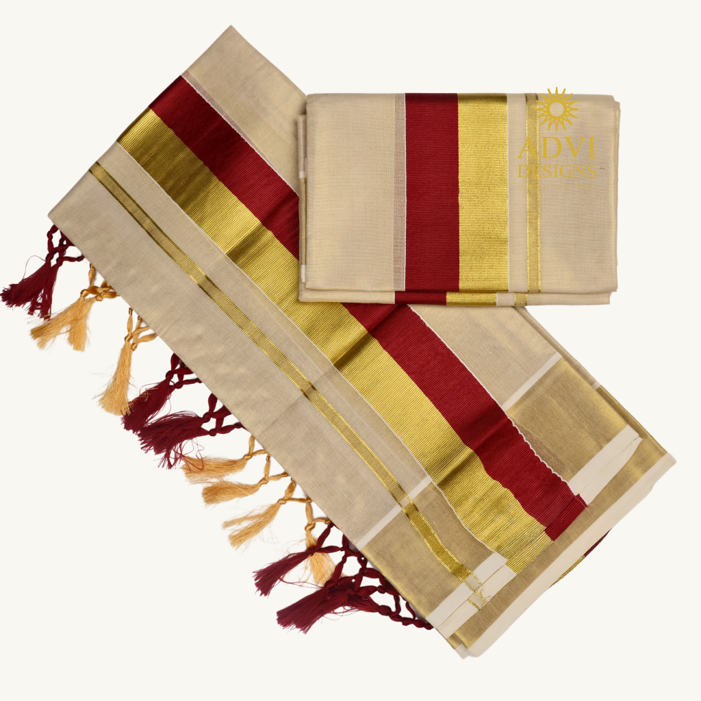 Premium Kerala Tissue Set Mundu with Maroon Kasavu Border & Dual-Tone Tassels