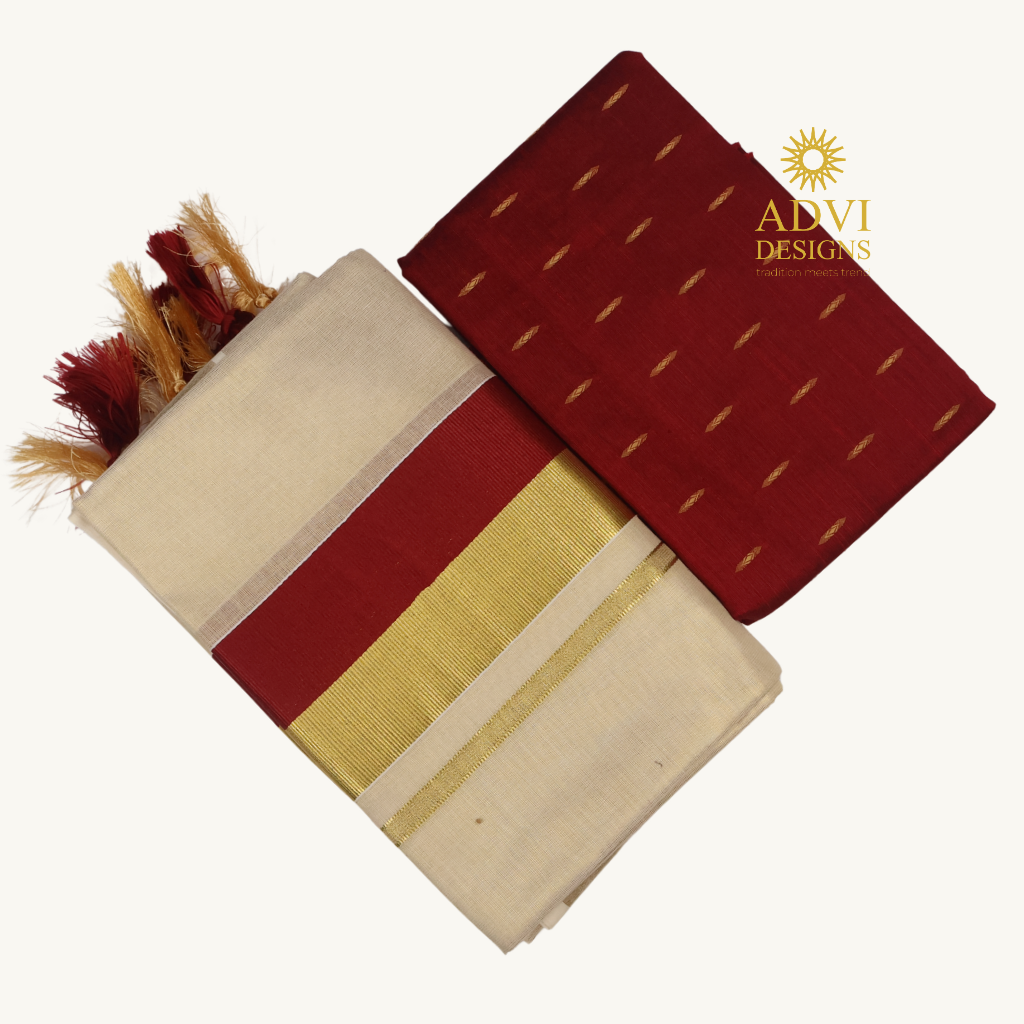 Premium Kerala Tissue Set Mundu with Maroon Kasavu Border & Dual-Tone Tassels