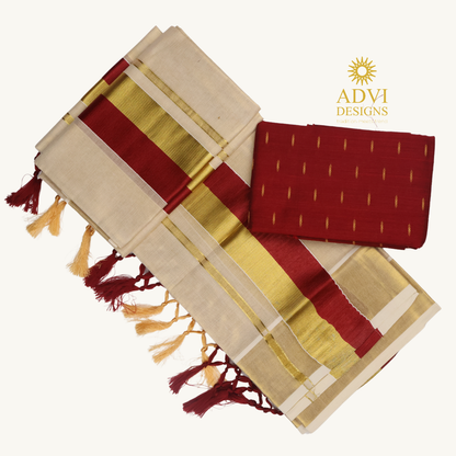 Premium Kerala Tissue Set Mundu with Maroon Kasavu Border & Dual-Tone Tassels