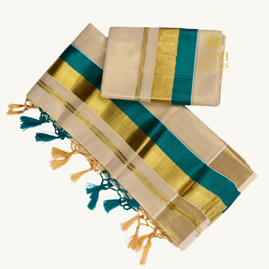Premium Kerala Tissue Set Mundu with Teal Blue Kasavu Border & Dual-Tone Tassels