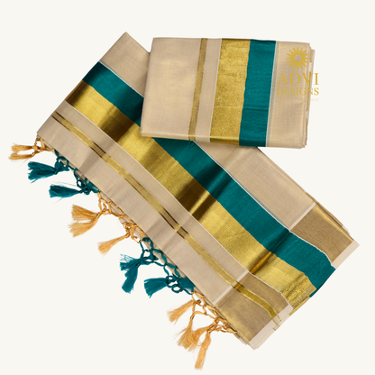 Premium Kerala Tissue Set Mundu with Teal Blue Kasavu Border & Dual-Tone Tassels