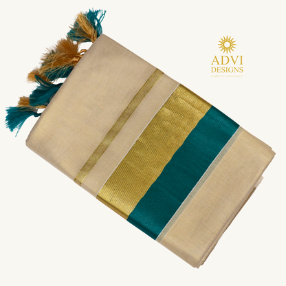 Premium Kerala Tissue Set Mundu with Teal Blue Kasavu Border & Dual-Tone Tassels