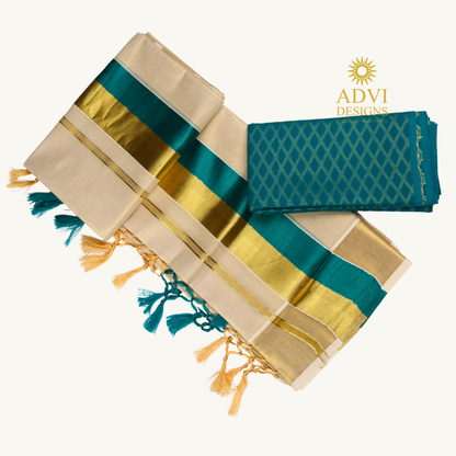 Premium Kerala Tissue Set Mundu with Teal Blue Kasavu Border & Dual-Tone Tassels